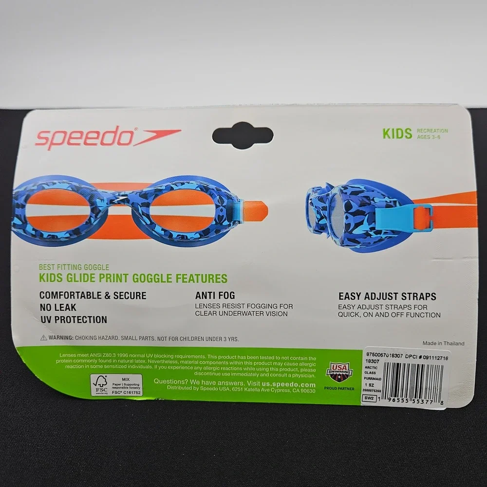 Speedo Kids Glide Print Goggles UV Protection Anti‎ Fog Easy Adjust Straps